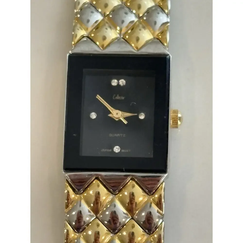 Vintage Chateau Quartz Watch Japan Movt Black Dial Two Tone Gold Silver Bracelet